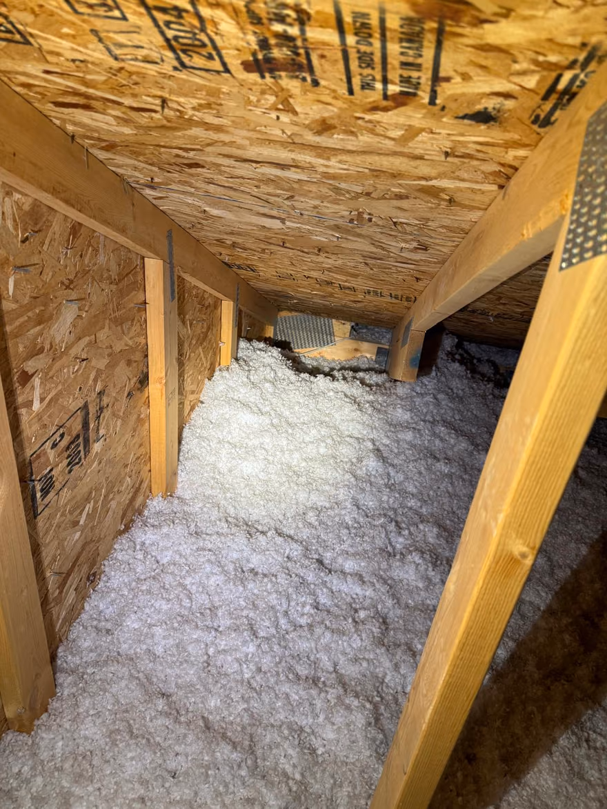 Attic interior blown in insulation between trusses