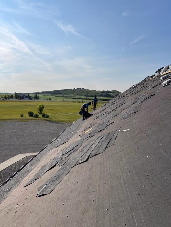 Crew stripping shingles down slope acreage home