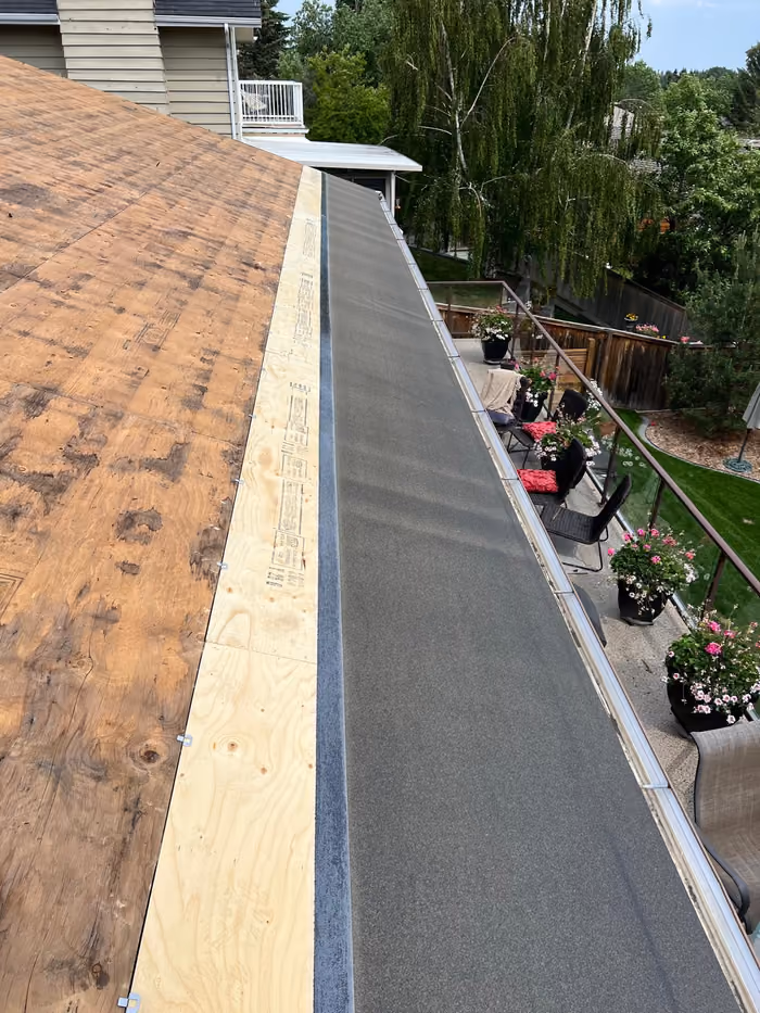 Granulated SBS membrane beside plywood low slope deck